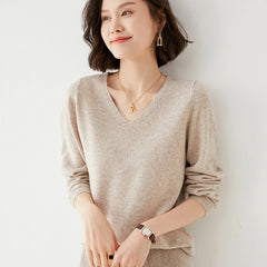 Pure Wool V-Neck Loose Pullover Sweater Basic Style All-Match Knitted