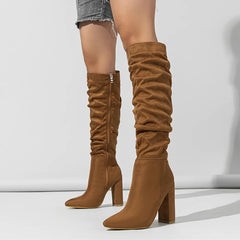 Street Style Pleated Pointed Toe Zip Thigh High Boots Square Heel