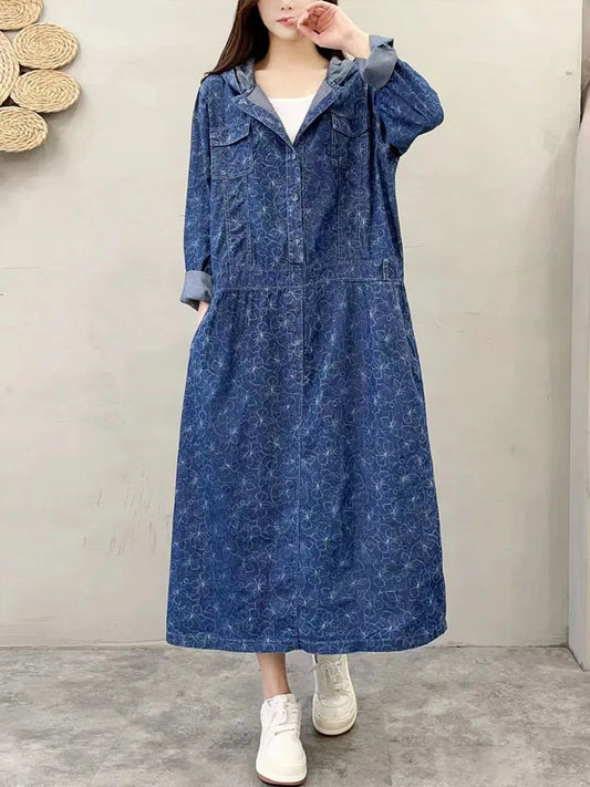 Fashion Casual Punk Denim Dresses Ladies Vintage Classic Loose Hooded