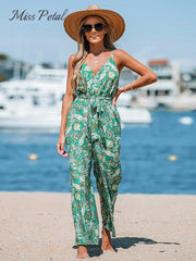Green Paisley Print Belted Cami Jumpsuit V-neck Wide Leg Long Playsuit