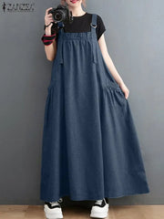 Elegant Overalls Dress Oversized Sundress Vintage Straps Solid A-line Denim