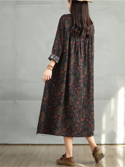 Cotton Vintage Long Sleeve Print Casual Loose Dress
