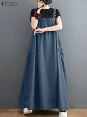 Elegant Overalls Dress Oversized Sundress Vintage Straps Solid A-line Denim