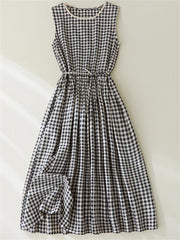 Cotton Linen Plaid Vintage Casual Fashion Dress Clothing