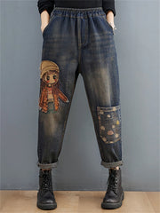 Embroidery Denim Pants For Trendy Casual High Waist Harem Jeans