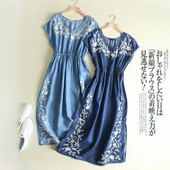 Denim Dresses Embroidery Skirt V-Necks Short Sleeve Slim Waist Retro