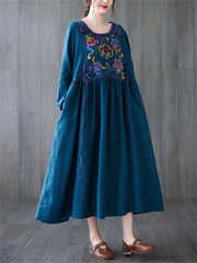 Cotton Linen Long Sleeve Floral Print Vintage Dresses
