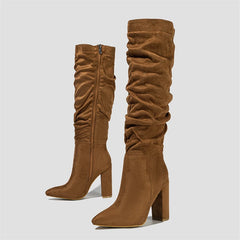 Street Style Pleated Pointed Toe Zip Thigh High Boots Square Heel