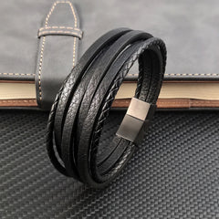 Multi-layer Leather Bracelet Stainless Steel Bangles For Men