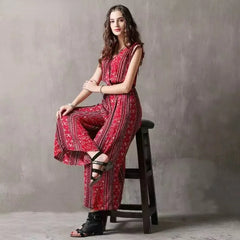Red Floral Printing Jumpsuits Overalls V Neck Cotton Boho Wind Jumpsuit