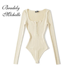 Women's Slim Double Square Neck Half Zip Long Sleeve