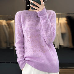 Women's Clothing Sweater Knitted Hollow Top O-Neck Pullover