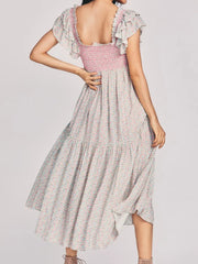 BOHO Spliced Wood ears Ruffles Sleeve Floral Print Midi Dress Hippie