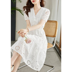 Women Hollow Embroidery White Elegant Party Dresses