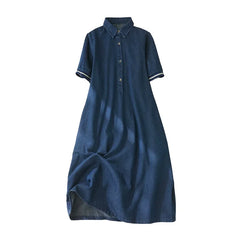Women's Blue Denim Dress Fashion Short Sleeve Vintage Mid-long