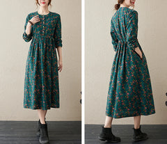 Long Sleeve Cotton Linen Vintage Floral Print Dresses