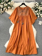 Women Casual Retro Embroidered Loose Long Dresses