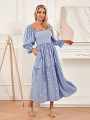 Embroidery Flower A-Line Dress Women's Puff Long Sleeve Square Neck