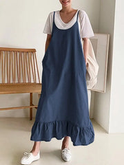 Fashion Sundress Summer Vintage Ruffles Casual Straps Solid Midi