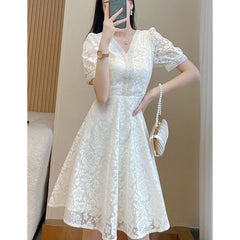 V-neck Elegant Fashion Beading Waist A-line Lace Dress W