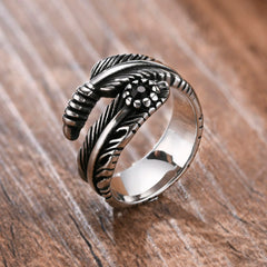 Vintage Feather Ring Men Jewelry Stainless Steel Biker Style