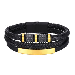 Bracelets for Men Black PU Leather Bangle with Metal Tube Charm
