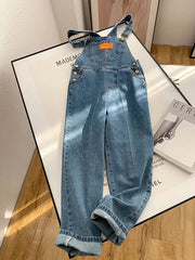 Retro Blue Jeans Suspender Trousers Casual Loose High Waist Denim Pants