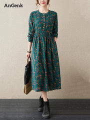 Long Sleeve Cotton Linen Vintage Floral Print Dresses
