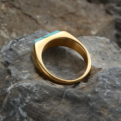Stone Signet Ring Unisex Gold Plated Stainless Steel Finger Band