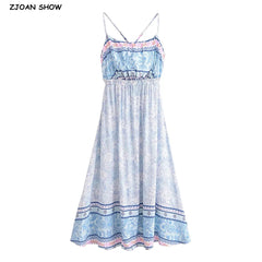 BOHO Contrast Color Blue White Floral Print Backless Sling Dress
