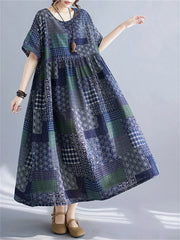 Cotton Vintage Short Sleeve Print Casual Loose Long Dress Clothing