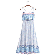 BOHO Contrast Color Blue White Floral Print Backless Sling Dress
