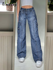 Jeans Streetwear High Waist Jeans Wide Leg Pockets Patchwork Baggy Cargo