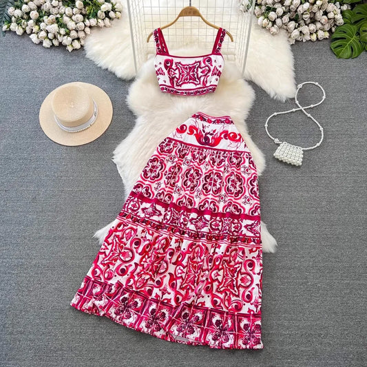 Porcelain Two Piece Set Flower Print Short Crop Top Maxi Skirt Suits