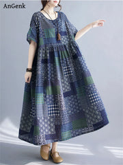 Cotton Vintage Short Sleeve Print Casual Loose Long Dress Clothing