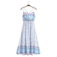 BOHO Contrast Color Blue White Floral Print Backless Sling Dress