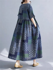 Cotton Vintage Short Sleeve Print Casual Loose Long Dress Clothing