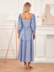 Embroidery Flower A-Line Dress Women's Puff Long Sleeve Square Neck