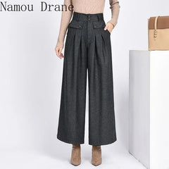 Winter Warm Wool Women's Pants High Waist Pleated Wide Leg
