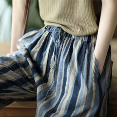 Vintage Striped Print Cotton Linen Ankle Length Harem Pants