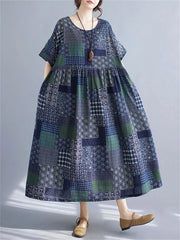 Cotton Vintage Short Sleeve Print Casual Loose Long Dress Clothing