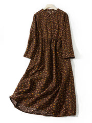 Cotton Linen Vintage Floral Print Casual Loose Long Dress