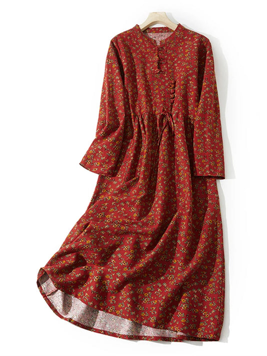 Cotton Linen Vintage Floral Print Casual Loose Long Dress