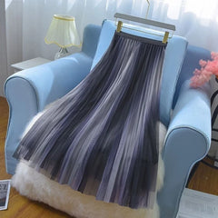 Elegant Tulle High Waist Gradient Mesh Pleated Midi Skirt
