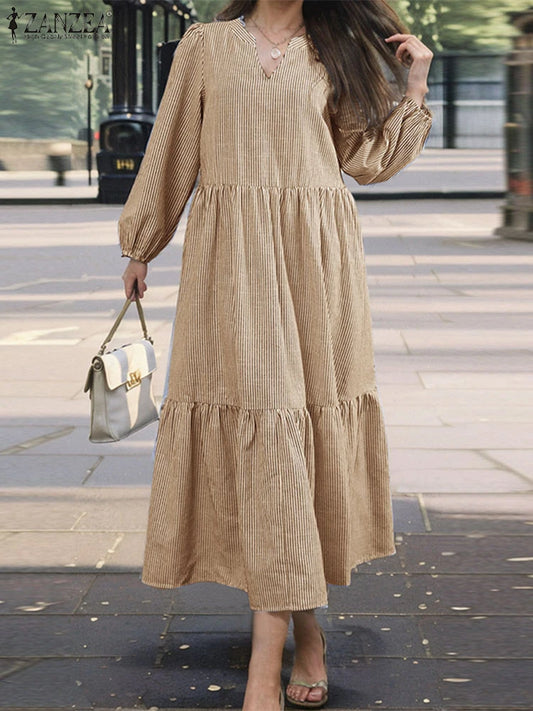 Elegant V Neck Long Sleeve Dress Striped Sundress Pleated Midi Robe Fashion