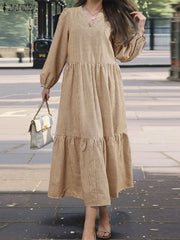 Elegant V Neck Long Sleeve Dress Striped Sundress Pleated Midi Robe Fashion