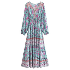 BOHO Contrast Color Flower Print Long Sleeve Dress
