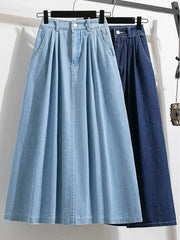 Denim High Elastic Waist Color Fashion A Line Midi Jeans Skirts
