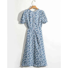 White Floral Print Hem Slit Midi Dress Retro French style Square Collar