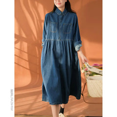 Dresses Single Breasted Turn Down Collar Denim Dress Solid Pockets